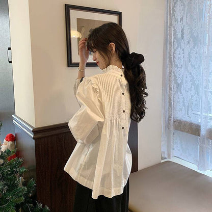 Korean Style White Loose All-match Long-sleeved Stand-up Collar Shirt