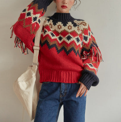 New Christmas Style Contrast Color Dotted Tassel Pullover Thick Sweater