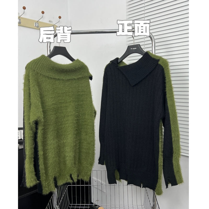 Special-interest Design Black And Green Color Matching Style Damaged Loose Imitation Sea Furry Sweater