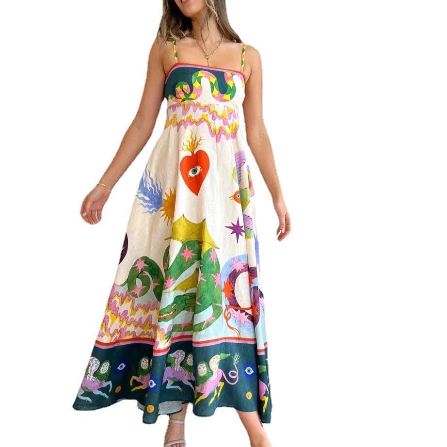 Women's Fashion Printed Loose Casual Sleeveless Sling Large Swing Maxi Dress Women