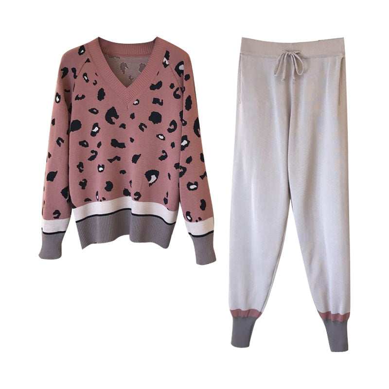 Ins Western Style V-neck Leopard Print Loose Sweater Feet Trousers With An Elasticated Waist Suit