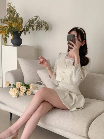 Round Neck Short Coat High Waist Slimming Pleated Skirt Two-piece Set