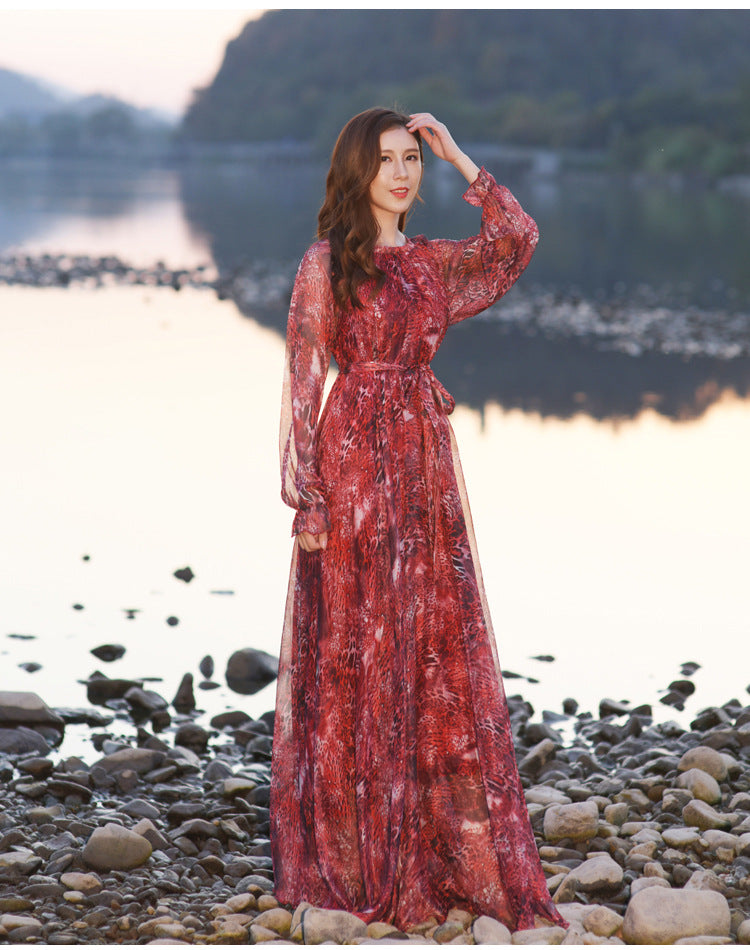 Vestido de gasa con estampado de leopardo Tallas grandes Verano Súper largo Hasta el tobillo