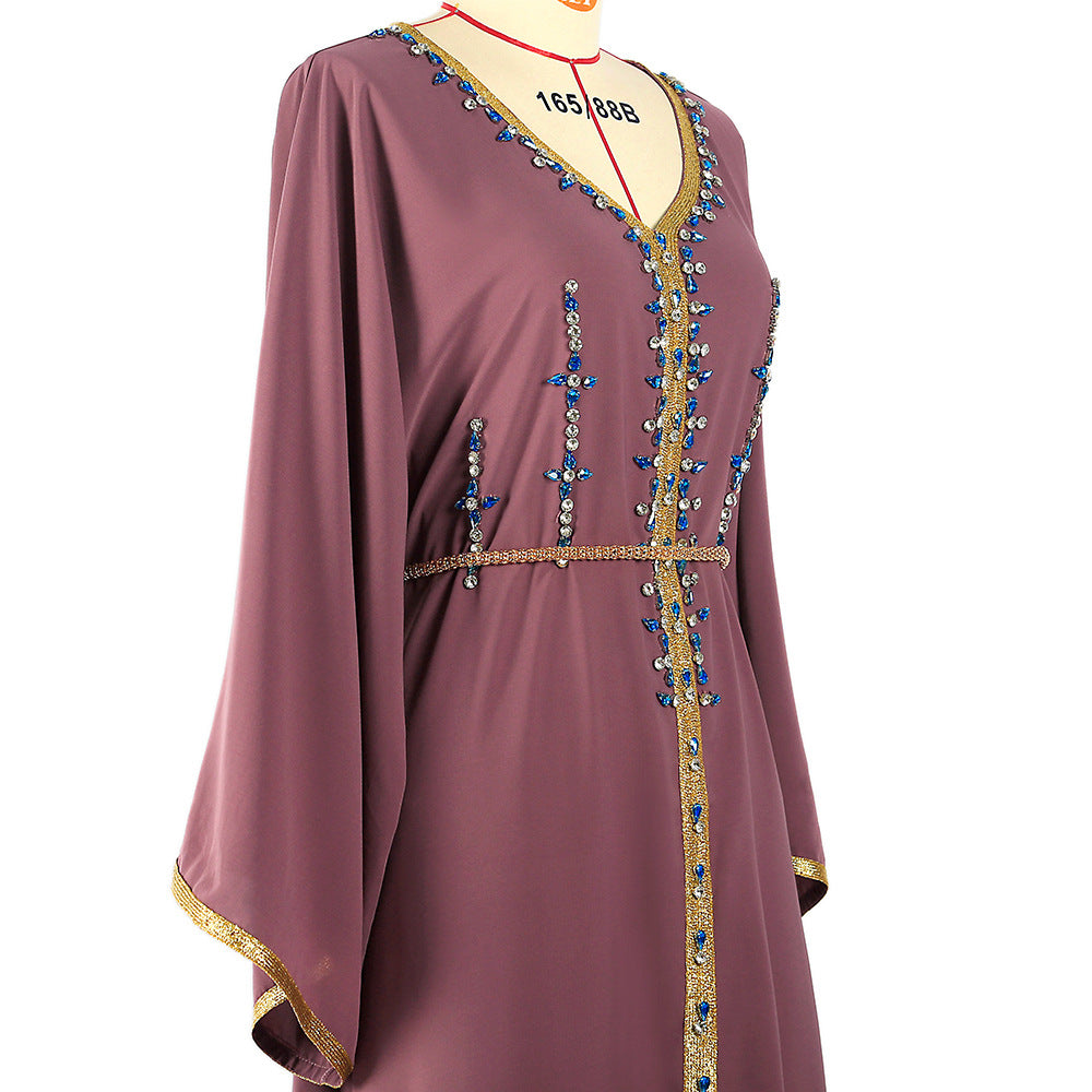 Spinach Root Color Hand-stitched Diamond Dubai Sleeve Dress