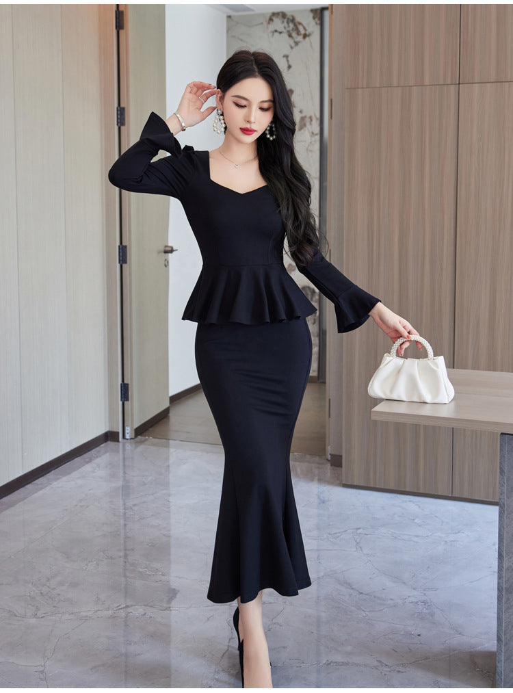 Elegant High-end Ruffled Waist Professional Slim Fit Long Sleeve Square-neck Black Dress