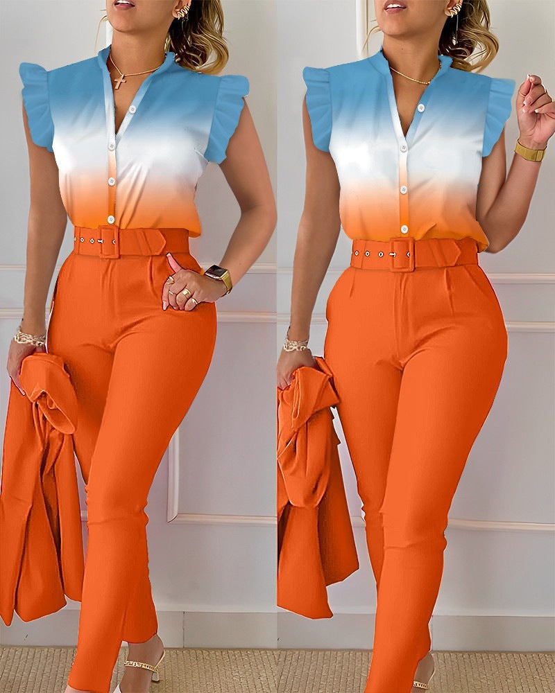 Printed Ruffle Sleeve Top Solid Color Pants Suit With Belt