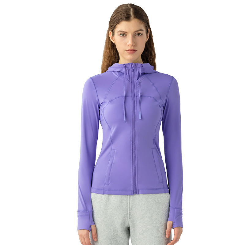 Chaqueta deportiva con capucha para mujer, ajustada, con cremallera, elástica, para correr, ropa de Yoga