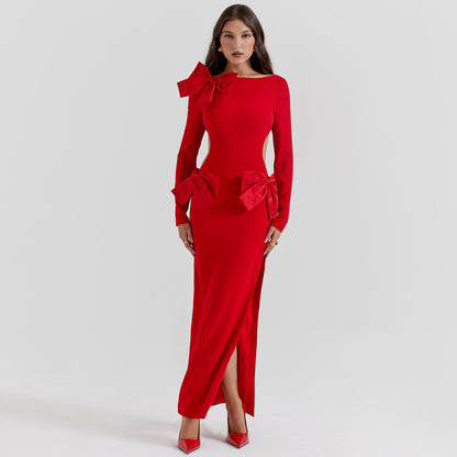 Long Sleeve Backless Bow Split Dress Red Dress