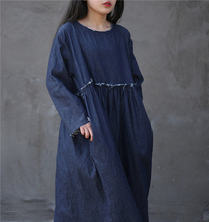 Spring Denim Blue High Waist Pleated Loose Burrs Dress