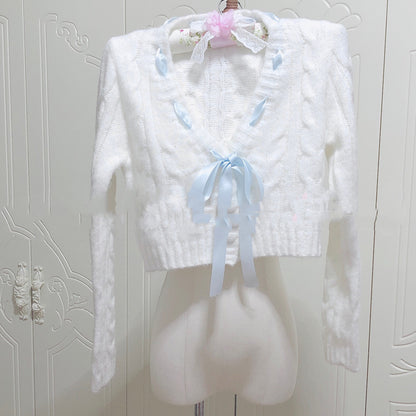 French Girls Cream Sweater Light Blue Ribbon V-neck