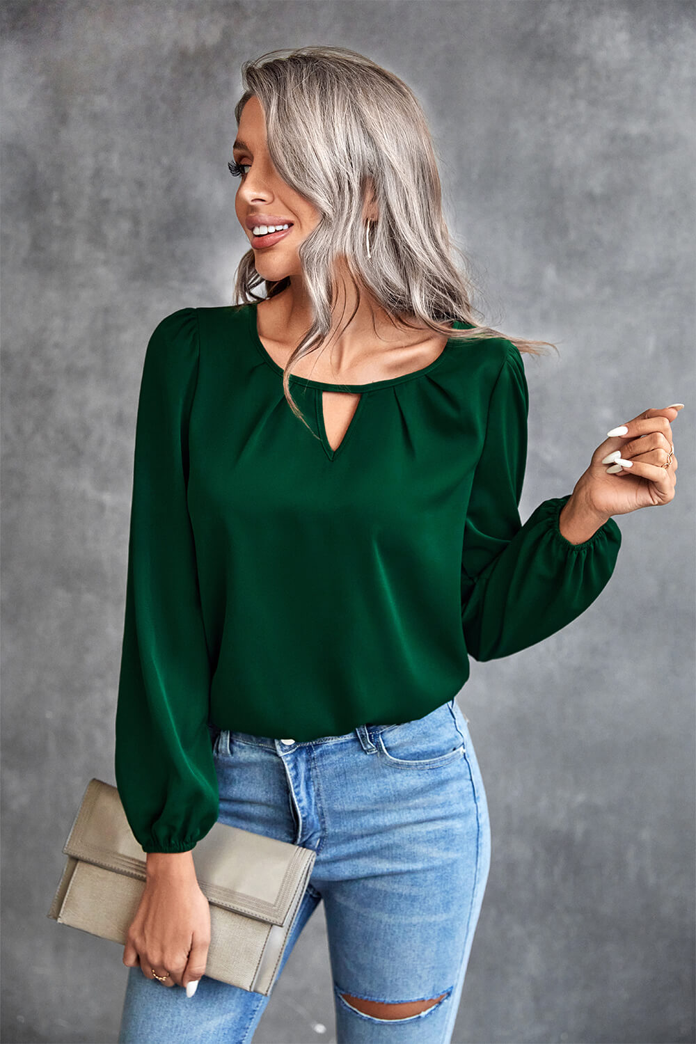 Pleated Detail Cutout Puff Sleeve Blouse