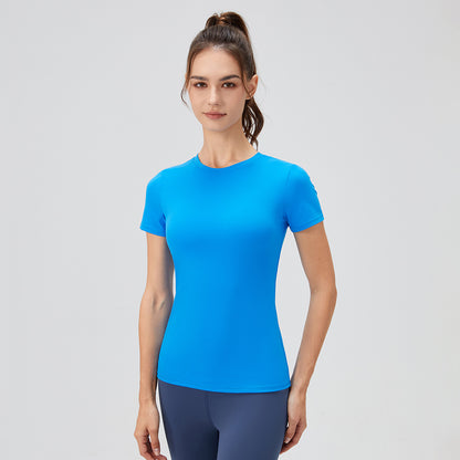 T-shirt de Yoga à manches courtes et col rond, couleur unie, séchage rapide, vêtements d'entraînement, de course, d'exercice serré