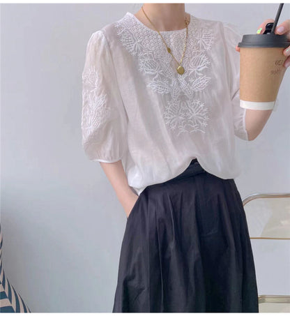 European Heavy Industry Embroidered Lace Blouse With Short Sleeves