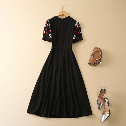 French Suit Black Pleated Short Sleeve Exquisite Embroidered Flowers Sequins Dress