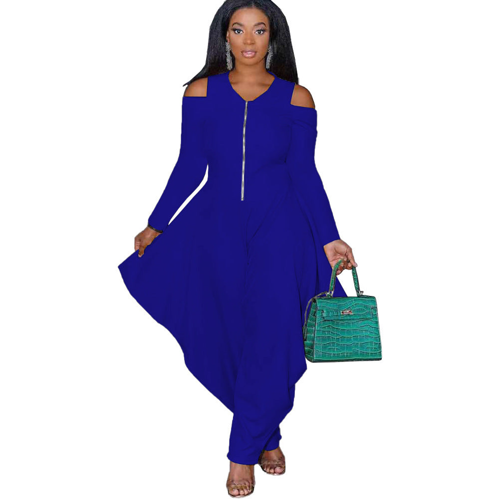 Ladies Solid Color Off Shoulder Long Sleeve Fashion Loose Jumpsuit