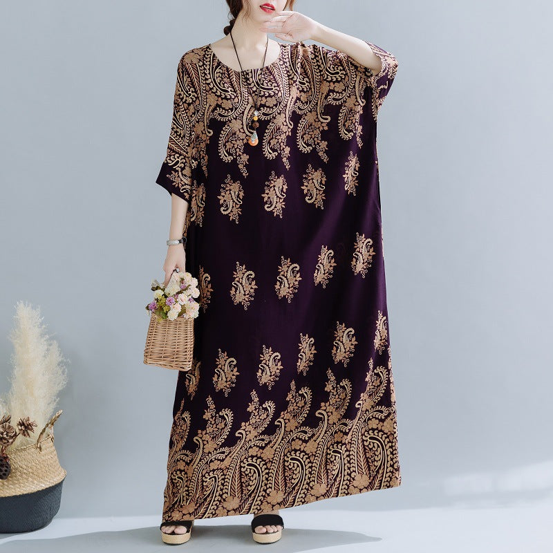 Spring Ethnic Style Plus Size Women's Cotton Silk Robe Loose Dress