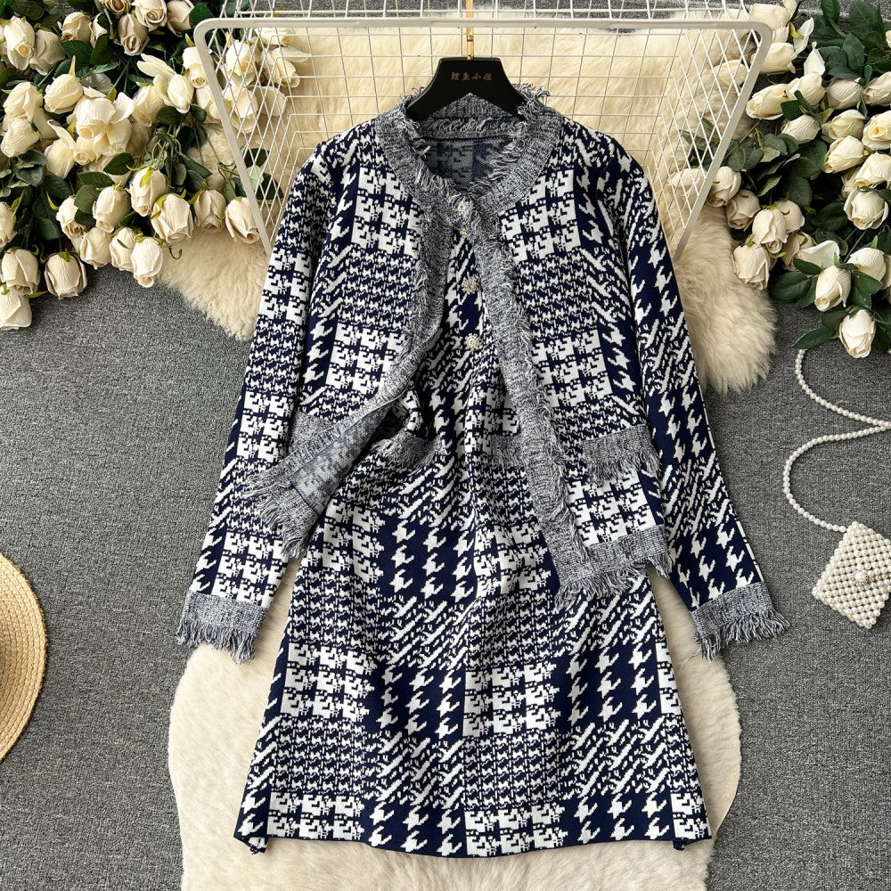 Raw Edges Design Long Sleeve Jacket Sleeveless Plaid Dress Suit