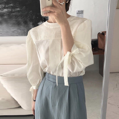 Round Neck Pleated Design Loose Bow Lace-up Lantern Sleeve Shirt Top