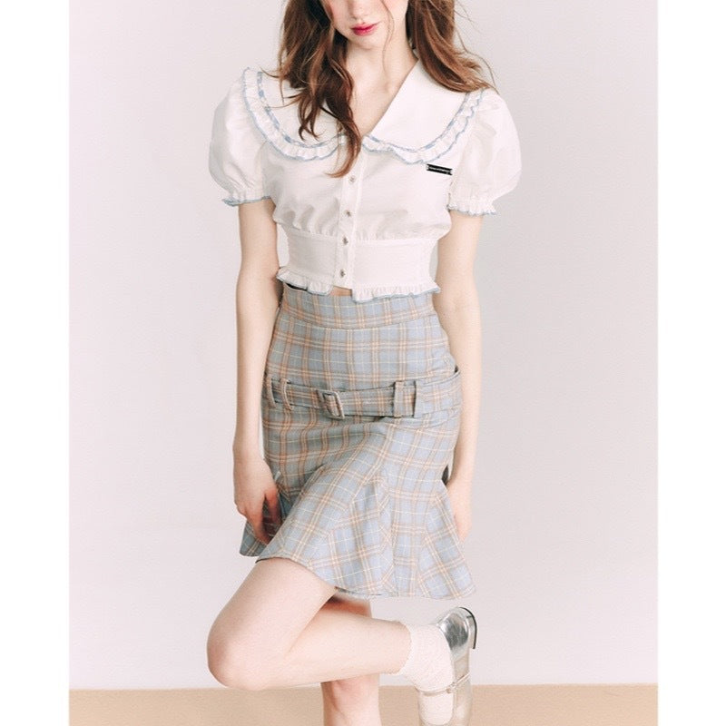 Small Shirt Puff Sleeve Navy Style French Style Peter Pan Collar Short Sleeve