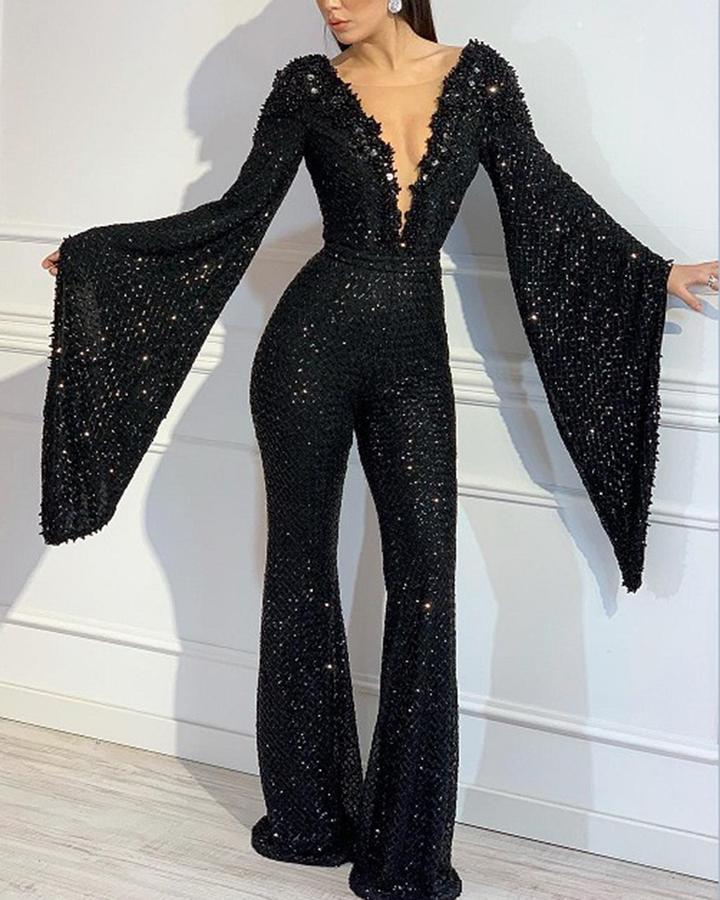 Sequin V-Neck Doll Sleeve Top Jumpsuit