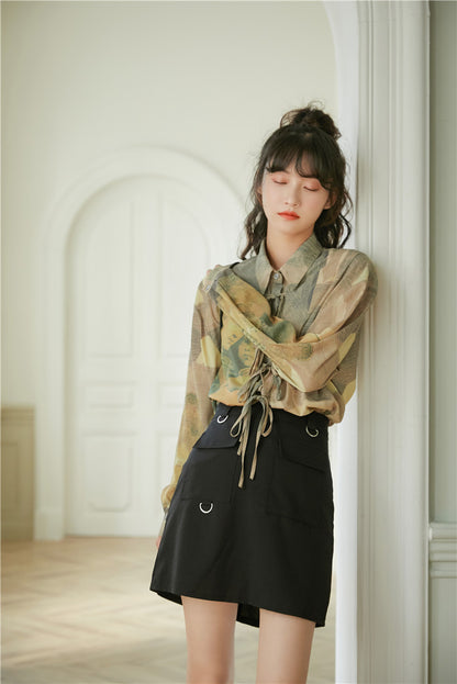 Retro Oil Painting Style Long-sleeved Shirt With Bow