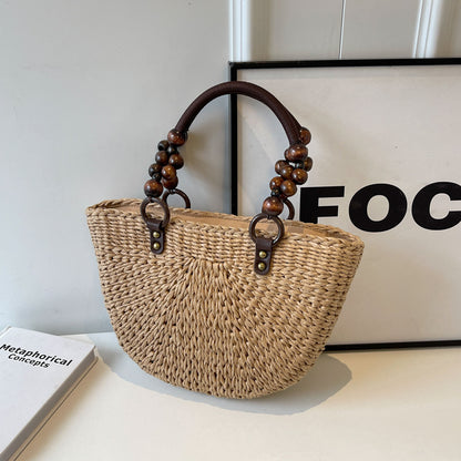 Bolso de mujer trenzado, bolso de mano para vacaciones en la playa, gran capacidad, informal, semicircular