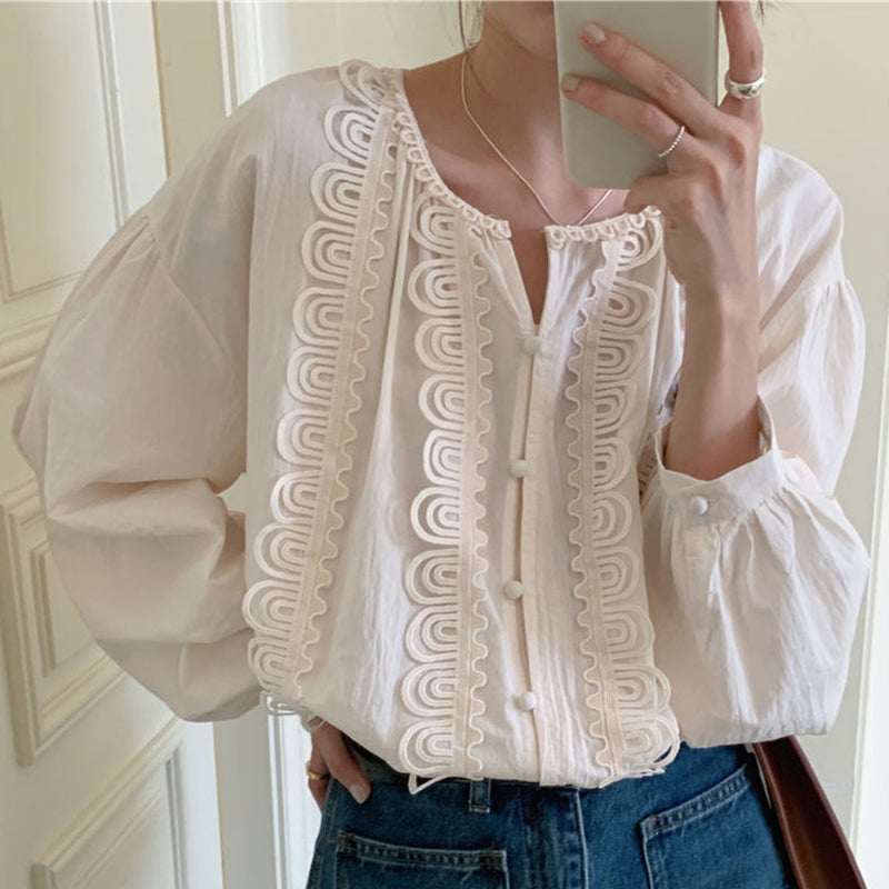 French Simple Round Neck Patchwork Cut Out Lace Shirt