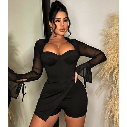 Mesh See-through Bell Sleeve Jumpsuit Shorts