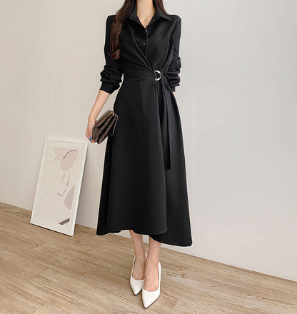 Single-breasted Side Lace-up Waist-controlled Solid Color Below The Knee Long Sleeve Dress