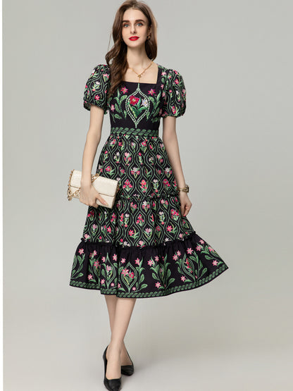 Vintage Print Romantic Dress Women