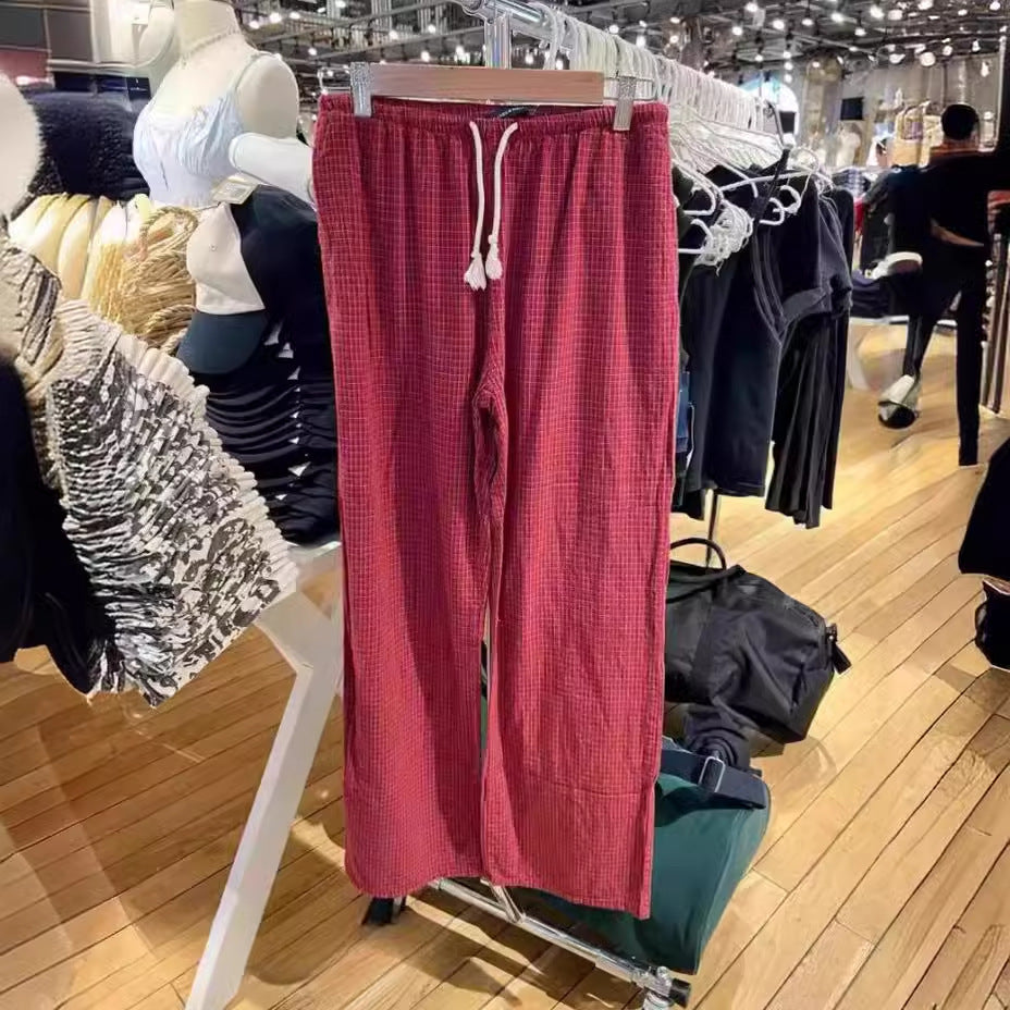 Pantalones casuales a cuadros rojos con cordón en la cintura sueltos y elásticos para mujer