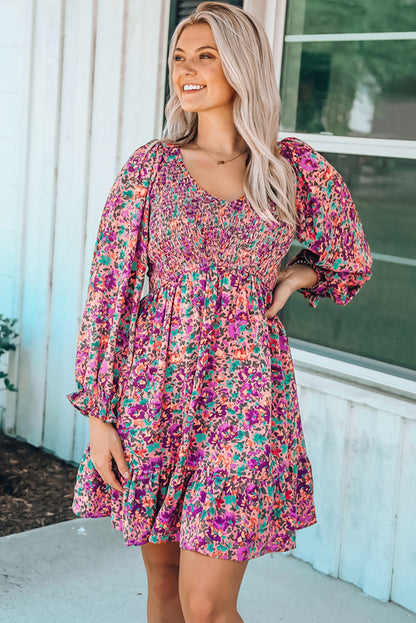 Purple Smocked V Neck Puffy Sleeve Floral Dress