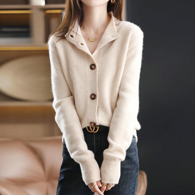 Stand Collar Women's Cardigan Knitted Sweater Loose Long Sleeve