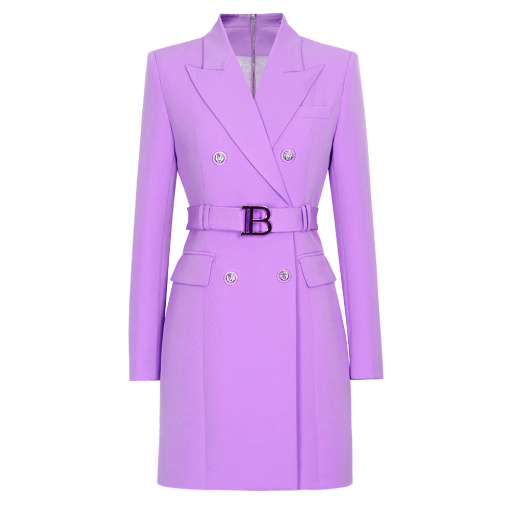 High Solid Color Belt Long Sleeve Slim Fit Temperament Commute Business Suit And Dress