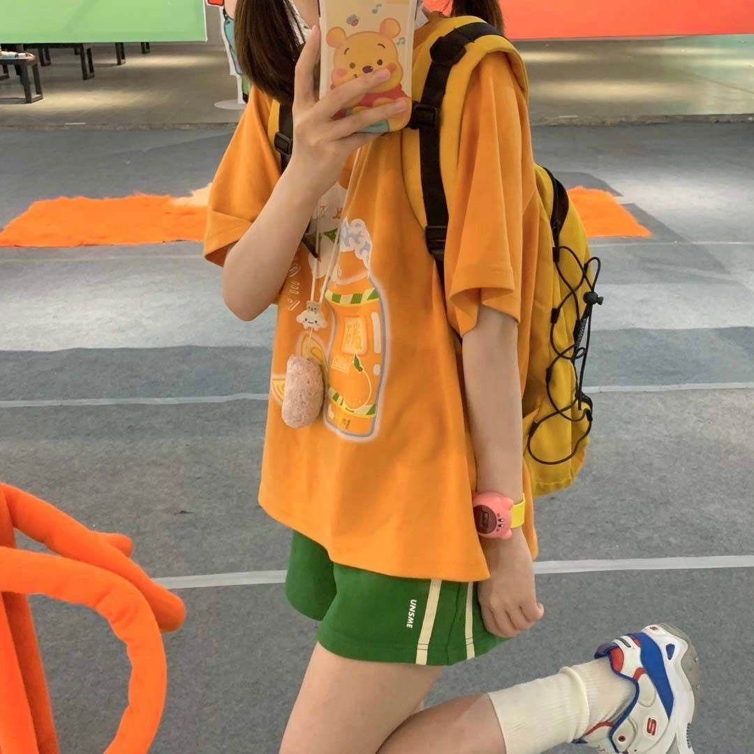 Orange Yellow Cute Short Sleeved T-shirt For Women In Summer Soft Girl Top Sweet