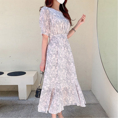 Floral Round Neck Tied Waist Trimming Short-sleeved Dress