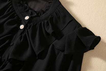 Stringy Selvedge Stand-up Collar Ruffled Elastic Waist Long Sleeve Dress