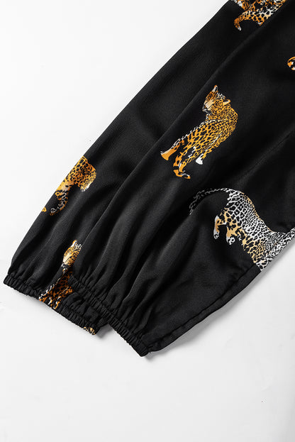 Vestido con vuelo de manga larga con estampado de leopardo vívido negro