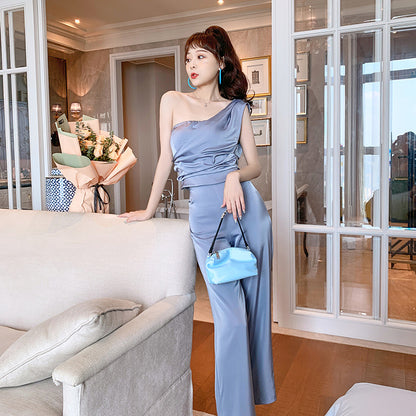 New Tube Top One Shoulder Vest Wide Leg Pants Suit