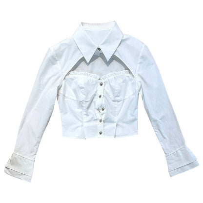 Top de moda para mujer Camisa ahuecada con volantes blanca