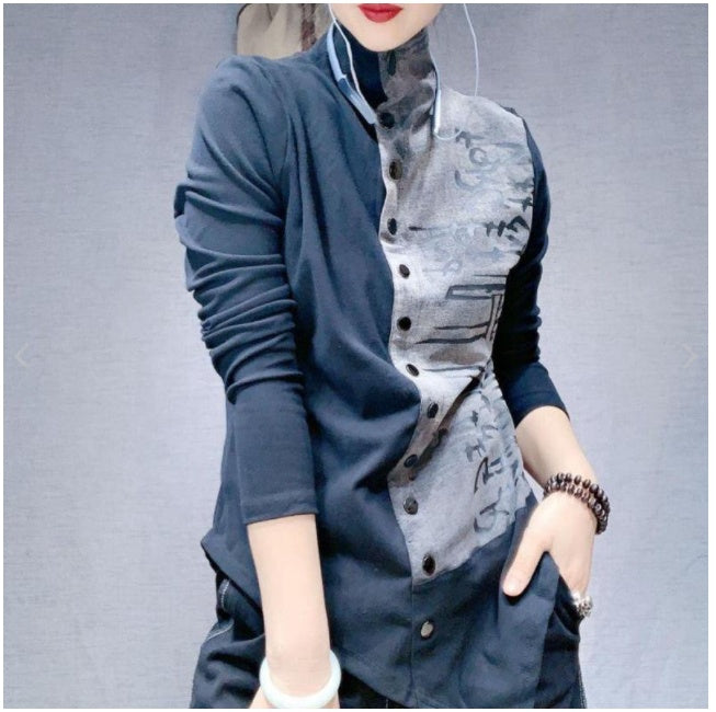 Printing Stand-up Collar Long-sleeved Korean Style All-match Blouse