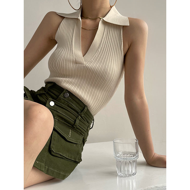 Women's Lapel Polo Knit Crop Top