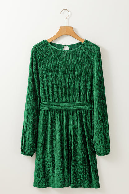 Vestido de terciopelo arrugado con cintura anudada verde