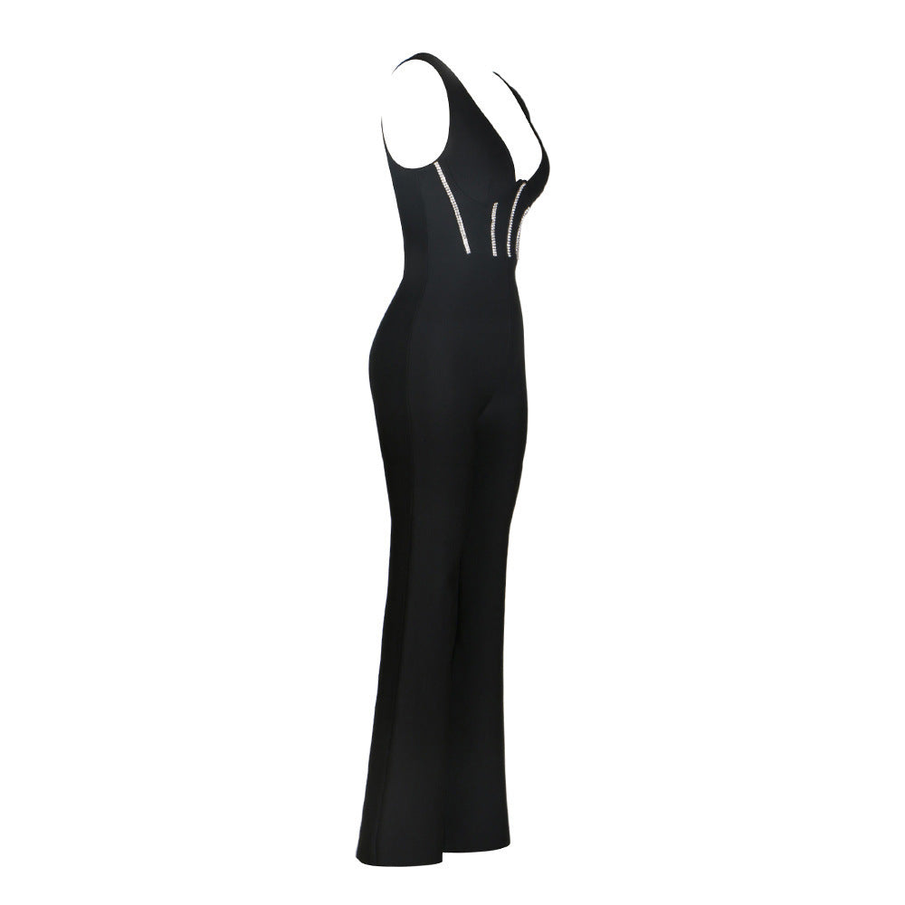 Black Deep V-neck Tube Top Backless Diamond Slim Bandage Jumpsuit