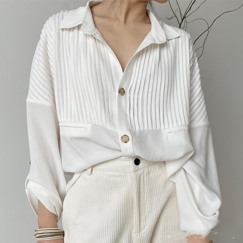 Original Shirt Striped Pleated Top Shirt Pit Female Simple Design Sense White