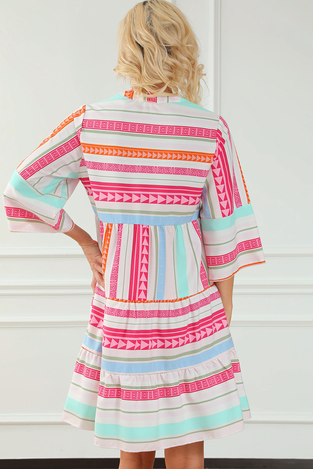 Multicolour Boho Geometric Print Bracelet Sleeve Buttoned Mini Dress