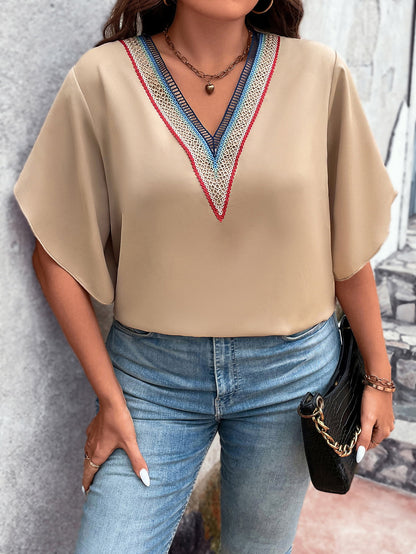 Plus Size V-Neck Flutter Sleeve Blouse