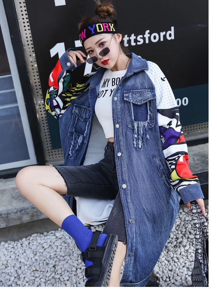 Graffiti Stitching Denim Long-sleeved Cardigan Long Coat Windbreaker