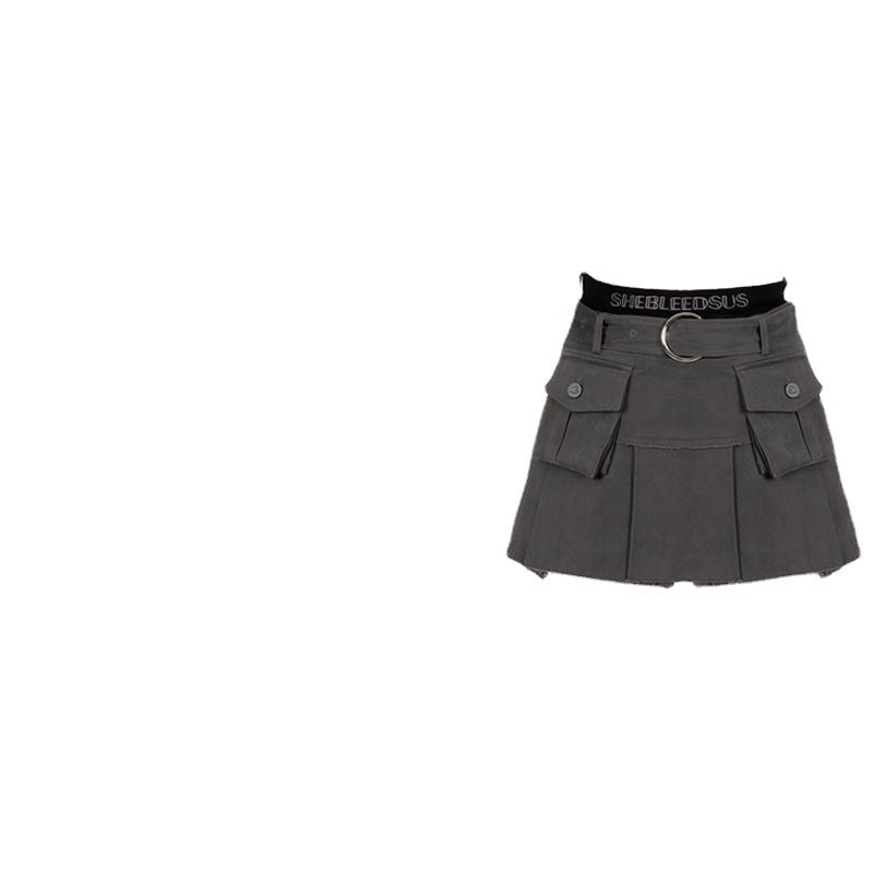 Fake Two-piece Pleated Skirt Denim Skirt