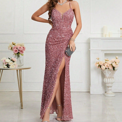 Banquet Temperament Slim Fit Daily V-neck Sequins Dress